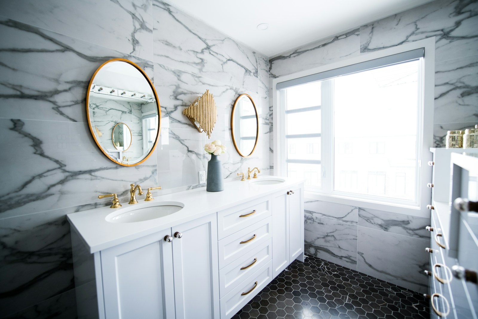 Westboro master bathroom with full marble walls