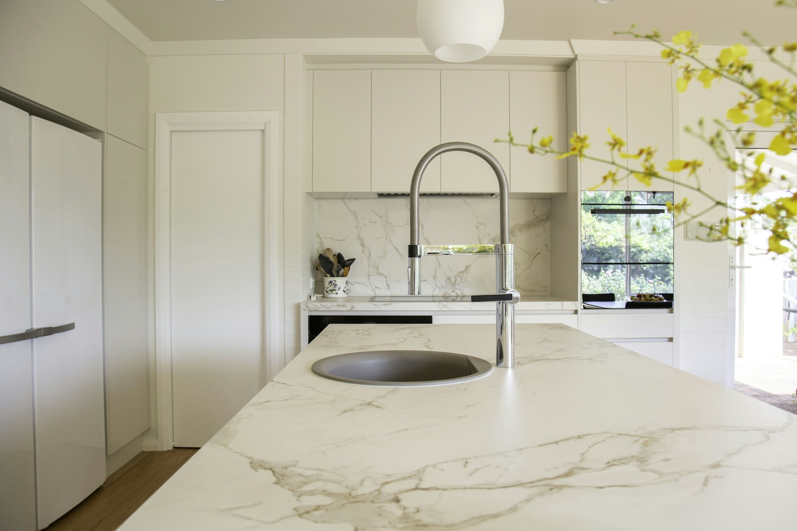 Bookmatched marble island detail